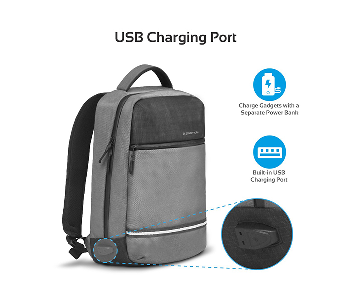 Promate Explorer-BP 13-inch Anti-Theft Laptop Backpack with USB Charging Port - Grey - Zoom Image 4