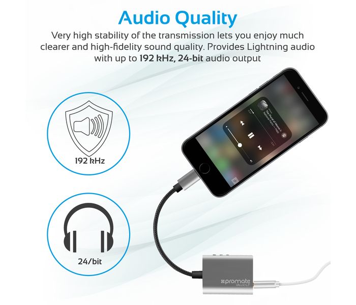 Promate iAux-LT 3.5mm Audio Adaptor with Lightning Connector for Apple iPhone, Grey - Zoom Image 1