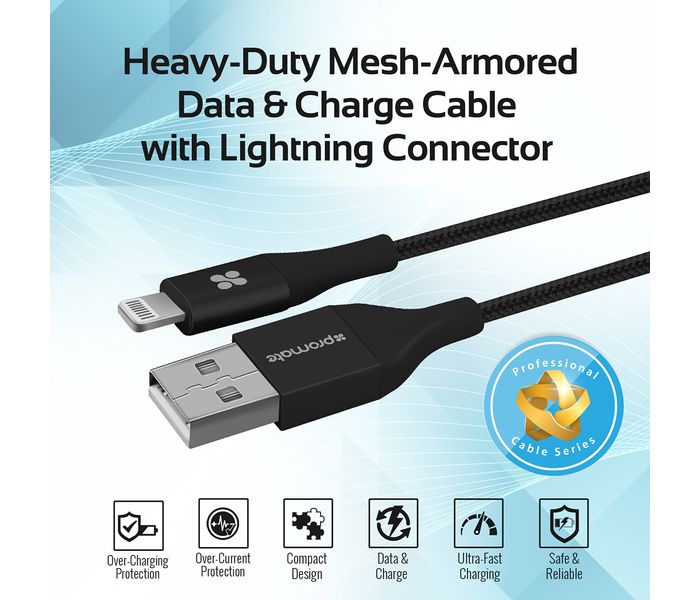 Promate Cable-LTF Heavy Duty Mesh Armored USB Lightning Charge Cable - Black - Zoom Image 2