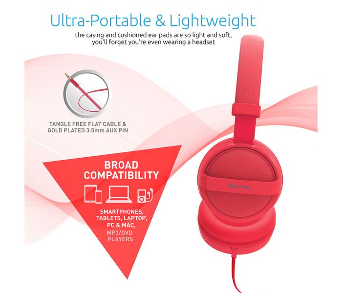 Promate Sonic Kid Friendly On Ear Stereo Wired Headset, Red - Zoom Image 3