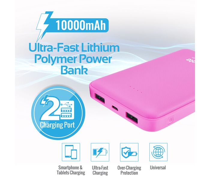 Promate VolTag-10 10000 mAh Compact Portable Charger Power Bank with Dual USB Port, Pink - Zoom Image 1