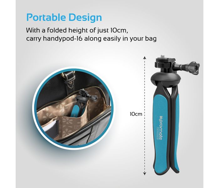 Promate HandyPod-16 Lightweight Camera Mini Tripod with 180-Degree Adjustable Head, Blue - Zoom Image 3