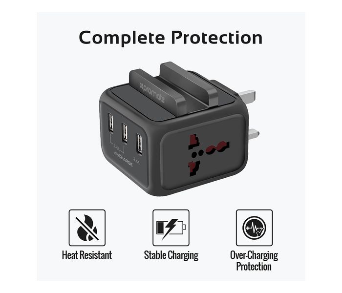 Promate MyCharge-UK Heavy Duty USB Wall Charger with SmartPhone Docket, Black - Zoom Image 5