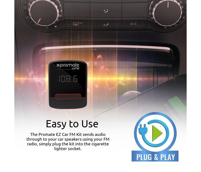 Promate EZFM Universal In-Car FM Transmitter with Remote Control and 2.1 A USB Car Charger - Black - Zoom Image 2