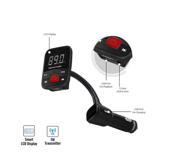 Promate FM16 Universal In-Car Transmitter Car Kit with USB charging Port - Black - Zoom Image 1