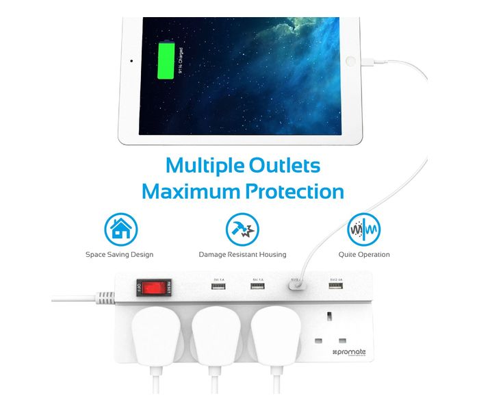 Promate PowerStrip-4UK 2500W 10A Multiport Power Strip for Home & Office, White - Zoom Image 5