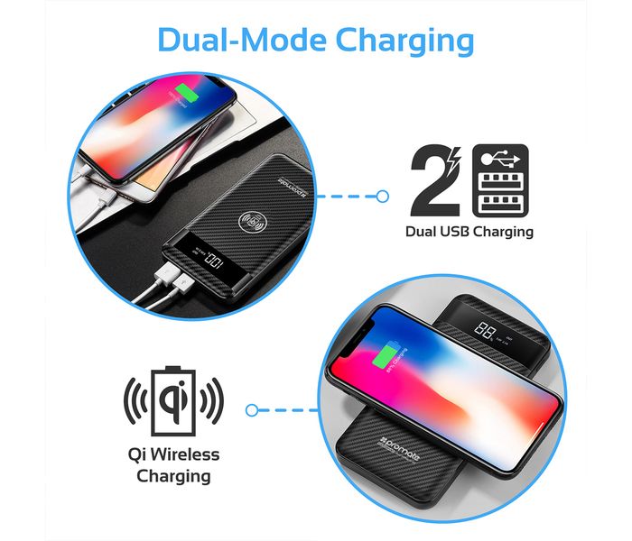 Promate AuraPack-10 10000 mAh Qi Wireless Charger Power Bank with 2 Way Type C Charging Port, Black - Zoom Image 1