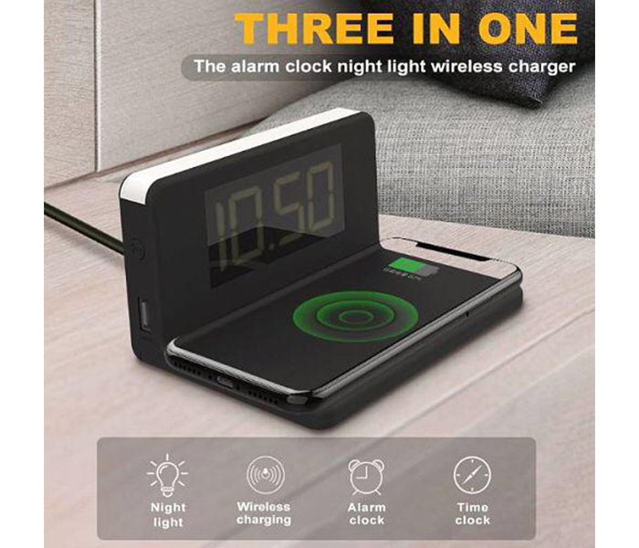 Zen 3-In-1 Wireless Charger with Digital LED Alarm Clock & Night LED Light - Black - Zoom Image 1