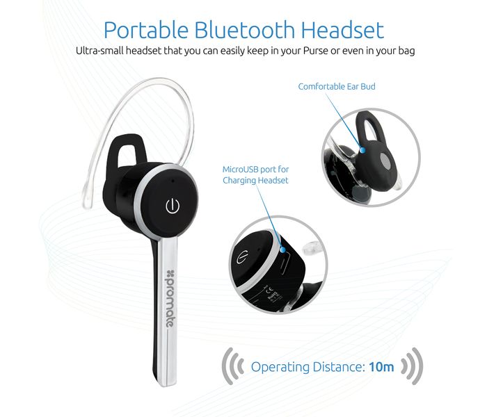 Promate Ace Ultra-Slim Bluetooth Headset, Black - Zoom Image 4