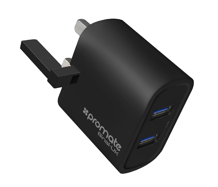 Promate Binal-UK 2.4A Ultra Compact Dual USB Port Wall Charger - Black - Zoom Image 5