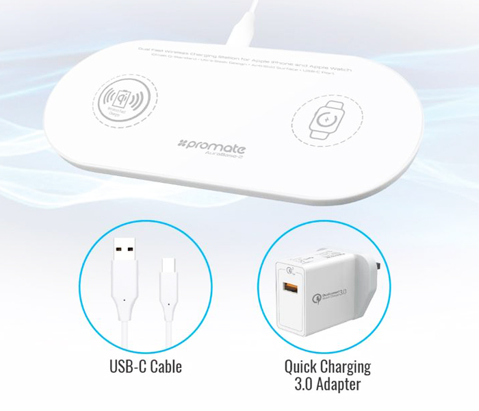 Promate AuraBase-2 Dual Fast Wireless 3 in1 Charger Pad for iPhone - White - Zoom Image 4