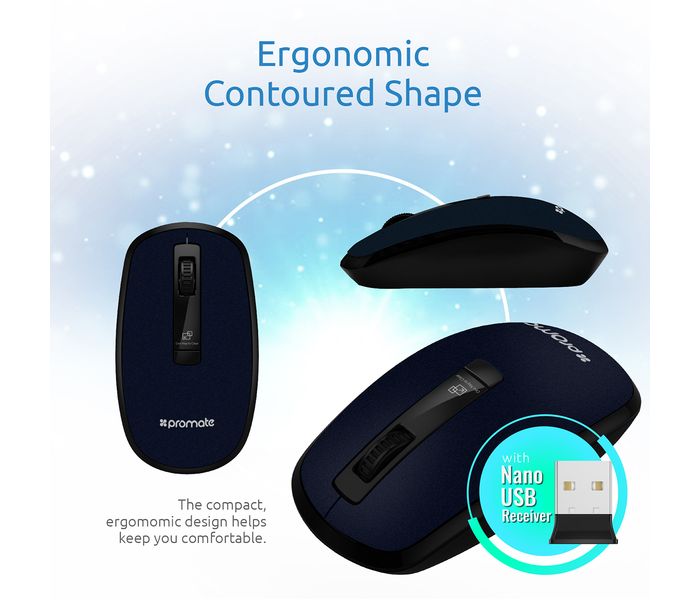 Promate Clix-3 2.4Ghz USB Wireless Ergonomic Mouse with Precision Scrolling, Blue - Zoom Image 3