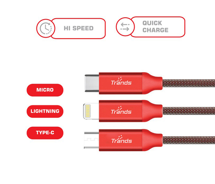 Trands TR-CA8816 1.2 Meter 3 in 1 USB Hi Speed Charging Cable - Red - Zoom Image 1