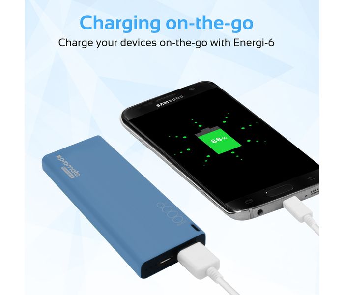 Promate Energi-6 6000 mAh Ultra Compact Portable Power Bank with 2.1A USB Port, Blue - Zoom Image 4