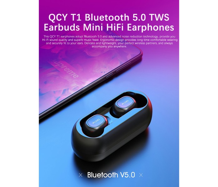 QCY 5.0 TWS Earbuds Mini Wireless Bluetooth Stereo Mini HiFi Earphones with Charging Box T1 Black - Zoom Image 4