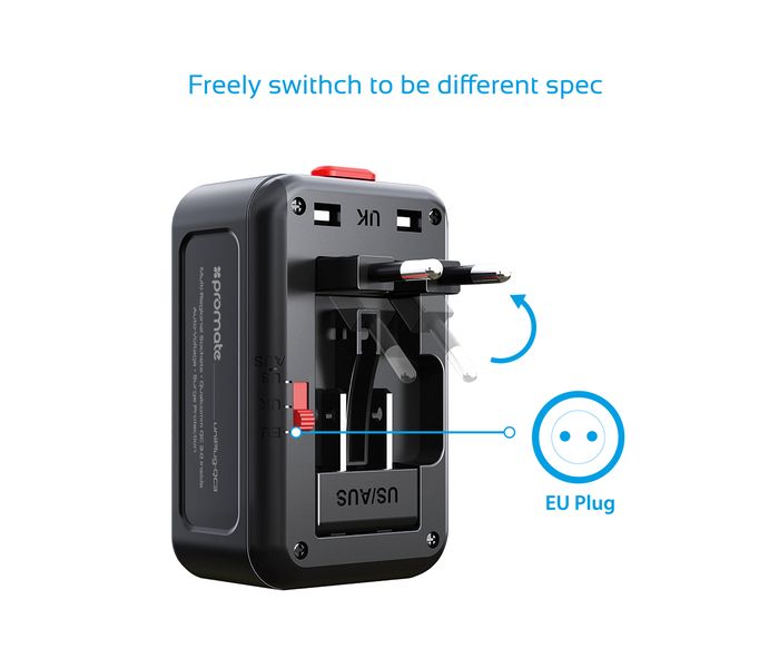 Promate UniPlug-QC3 Universal All in One Worldwide Travel Adapter with Multi Regional Socket, Black - Zoom Image 4