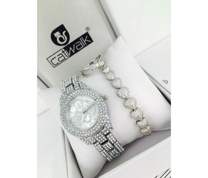 Catwalk CW-1700P Genuine Quality Fashionable Cz Womens Watch with Beauty Bracelet and Ring Silver - Zoom Image