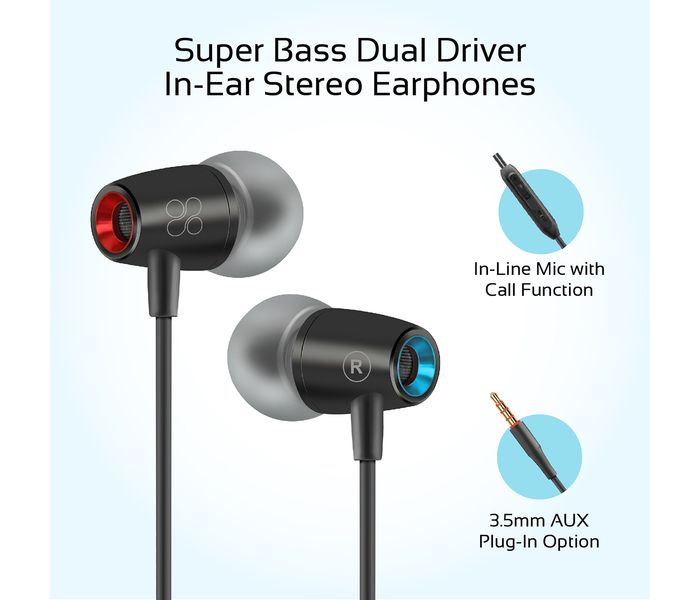 Promate Tunebuds-1 Dynamic In-Ear Stereo Earphones with In-Line Microphone, Black - Zoom Image 1