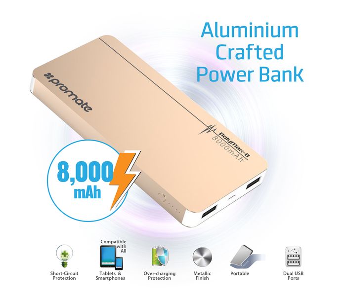 Promate PolyMax-8 8000 mAh Aluminum Power Bank with Ultra-Fast Dual USB Charging Ports, Gold - Zoom Image 1