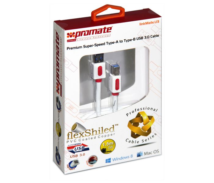 Promate Linkmate-U3 Super Speed Type-A to Type-B USB 3.0 Cable, White - Zoom Image 1