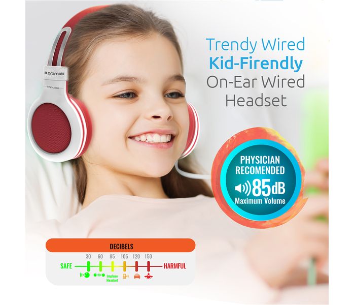 Promate Impulse Kid Friendly On Ear Wired Headset with Noise Cancellation, Red - Zoom Image 5