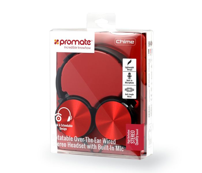 Promate Chime Rotatable Over-The-Ear Wired Stereo Headset with Built-In Mic, Red - Zoom Image 6