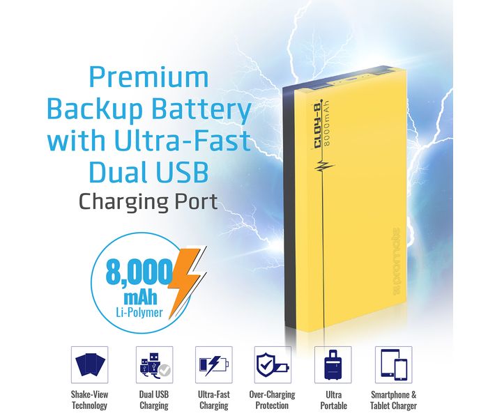 Promate Cloy-8 8000 mAh Dual Port Portable Charger Power Bank, Yellow - Zoom Image 1