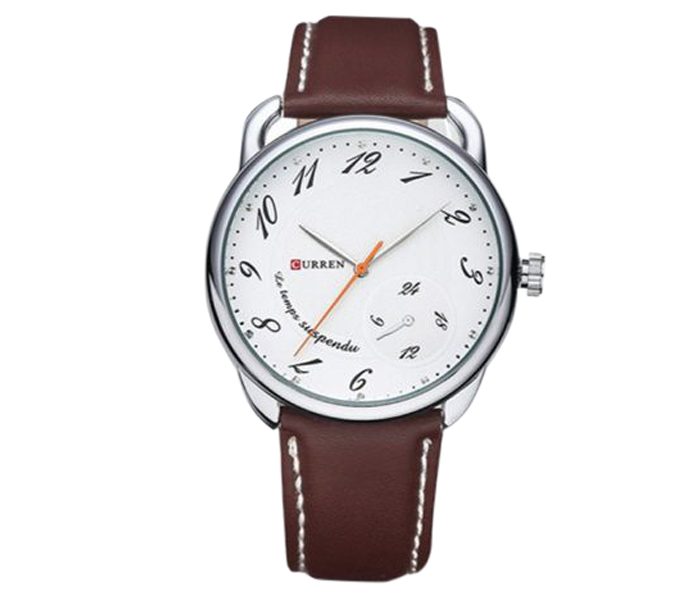 Curren 8147 Leather Strap Analog Watch For Men Brown And White - Zoom Image