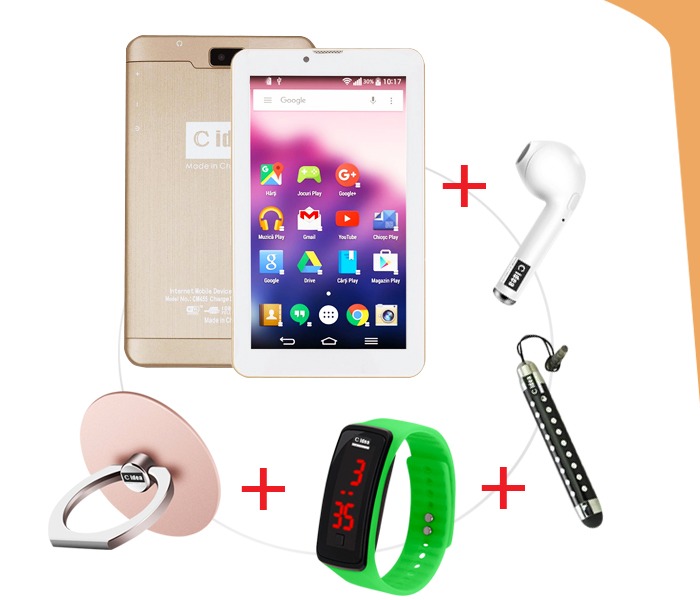 C idea CM455 7 Inch Dual Sim 1GB RAM 8GB Internal Memory Android 4G LTE Tablet With Combo of Airpod, Touch Pen, Finger Holder and LED Watch Gold - Zoom Image