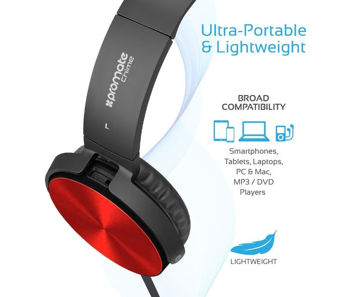 Promate Chime Rotatable Over-The-Ear Wired Stereo Headset with Built-In Mic, Red - Zoom Image 3