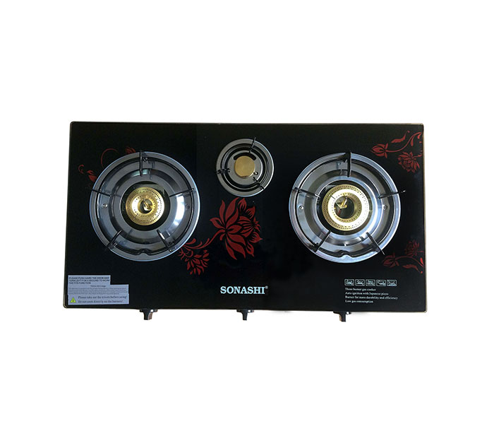 Sonashi SGB-320GFFD Three Burner Gas Stove with Full Safety Glass & Floral - Black - Zoom Image 1