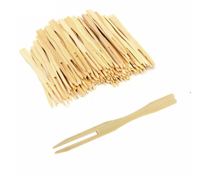 Taqdeer 100 Pieces Pure bamboo Disposable Wooden Fork 244-5 Brown - Zoom Image 1