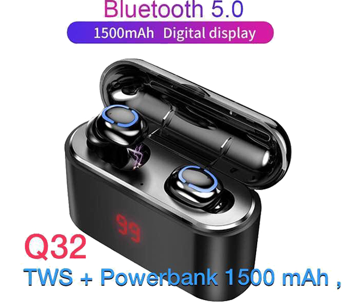 Mini Stereo Wireless Bluetooth Earphone Twins Earbuds with 2200mAh Powerbank Q-32 Black Zen - Zoom Image