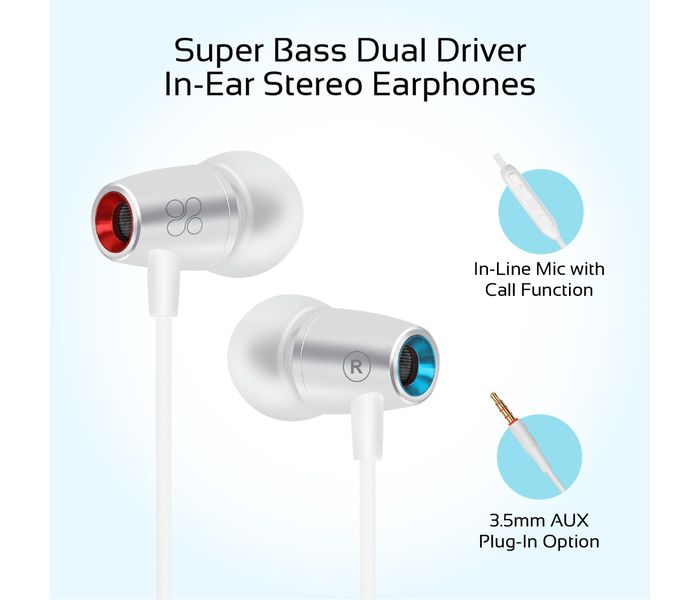 Promate Tunebuds-1 Dynamic In-Ear Stereo Earphones with In-Line Microphone, White - Zoom Image 1