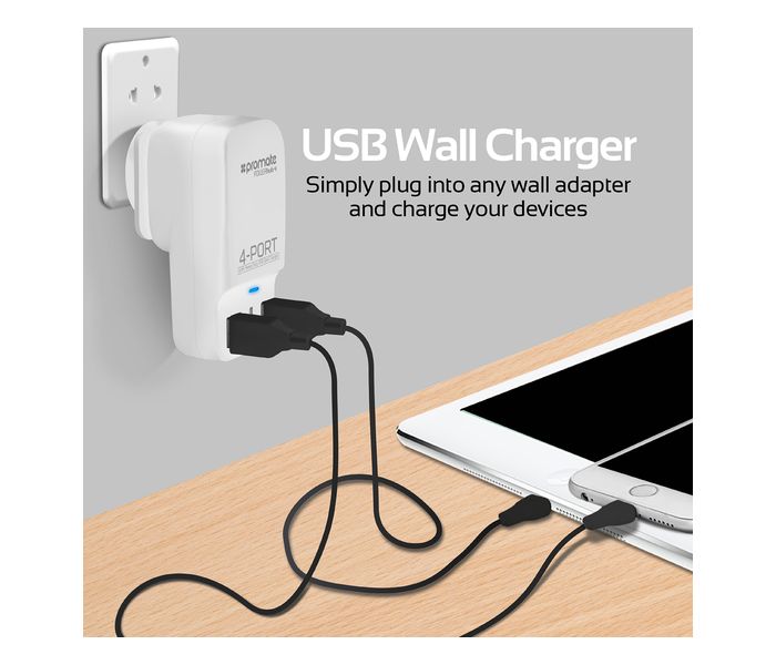 Promate PowerHub-4 6.8A High Speed USB Wall Fast Charger with 4 USB Ports, White - Zoom Image 2