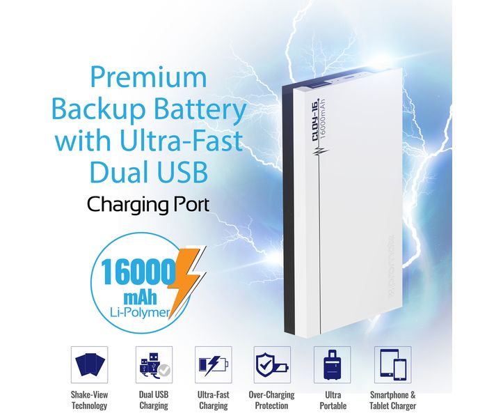 Promate Cloy-16 16000 mAh Dual USB Lightweight Portable Charger Power Bank with 4A Output Fast Charge, White - Zoom Image 1