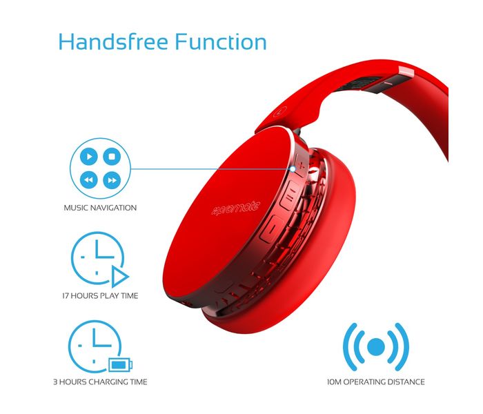 Promate Waves Dynamic Over-Ear Wireless Stereo Headset with Built-In Music Controls, Red - Zoom Image 5