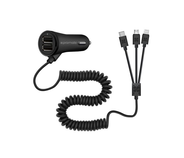 Promate Charger-Trio 3 in 1 Multifunctional Universal Car Charger with Dual USB Ports, Black - Zoom Image 7