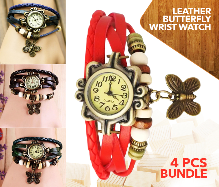 FLLi Fashion Leather Butterfly 4 Pcs Bundle Wristwatch - Multi Colour - Zoom Image 1