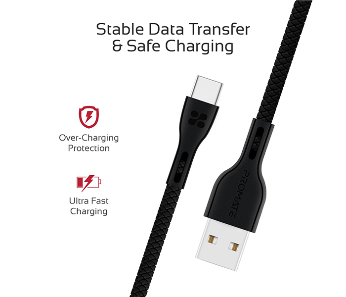 Promate Powerbeam-C USB to USB Type C Fast Charging Cable with Over-Current Protection - 1.2 Metre, Black - Zoom Image 4