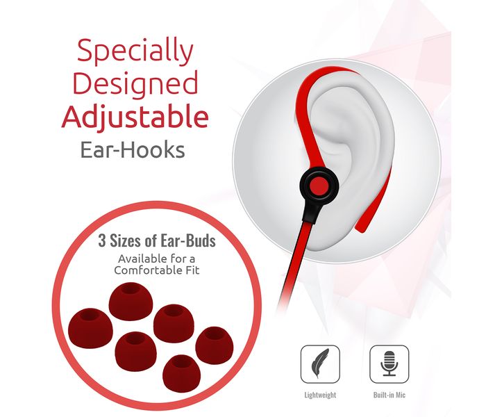 Promate Jazzy In Ear Wired Earhook Headphones with Built-In Microphone, Red - Zoom Image 2