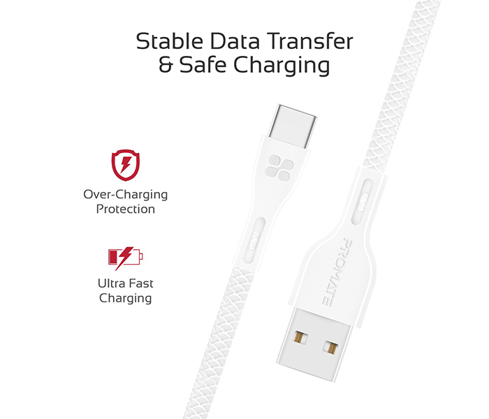 Promate Powerbeam-C USB to USB Type C Fast Charging Cable with Over-Current Protection - 1.2 Metre, White - Zoom Image 4