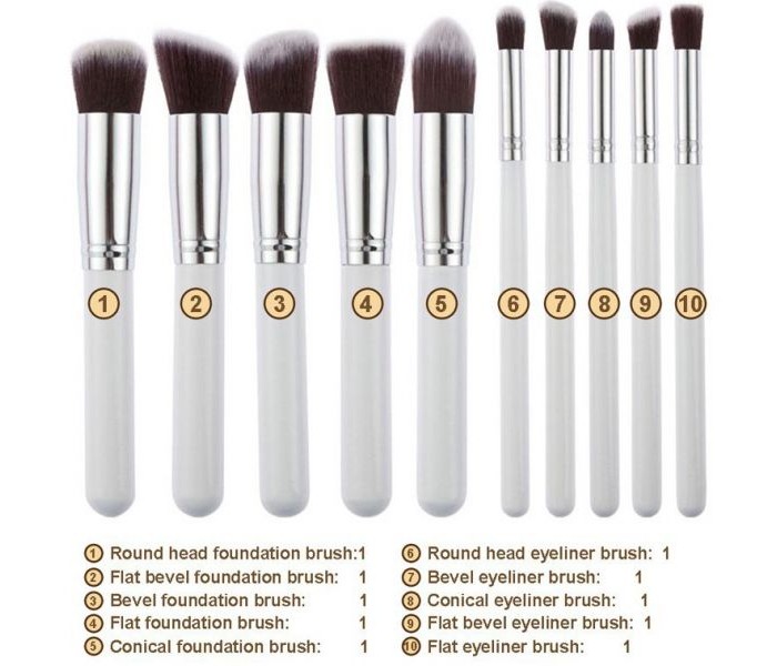 Cosmetic Makeup Beauty Brushes 10 Piece with Leather Case Pouch CM013 White and Silver - Zoom Image 3