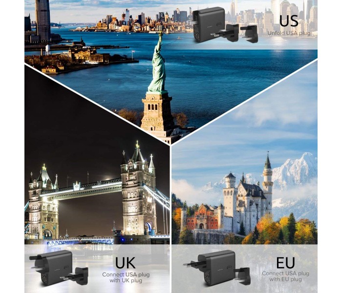 International Travel Dual USB Wall Charger with UK EU US Adapter Plug with 5000 Mah Power Bank DX-530 Black - Zoom Image 4