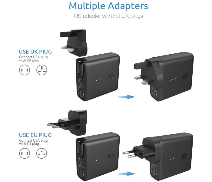 International Travel Dual USB Wall Charger with UK EU US Adapter Plug with 5000 Mah Power Bank DX-530 Black - Zoom Image 2