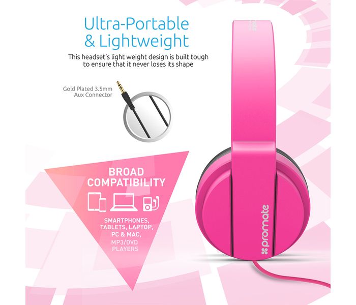 Promate Encore Lightweight Stereo Wired Heaphones with Padded Foldable Headband, Pink - Zoom Image 3