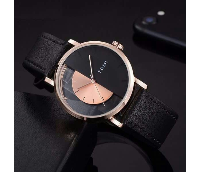 Tomi TM-0803 Maglo Faxes Genuine Quality Leather Band Wrist Watch for Unisex Black - Zoom Image