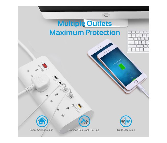 Promate SwitchQC3-UK 4000W 16A Multiport Power Strip with Qualcomm Quick Charge 3.0, White - Zoom Image 4