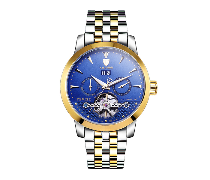 Tevise T803A Skeleton Men's Automatic Watch - Gold & Blue - Zoom Image