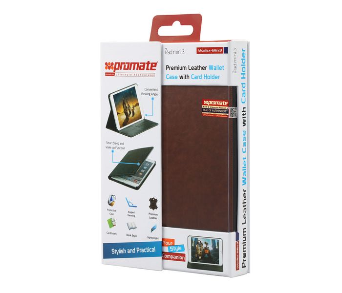 Promate Wallex-Mini 3 Premium Leather wallet Case with Card Holder for iPad Mini 3 - Brown - Zoom Image 5